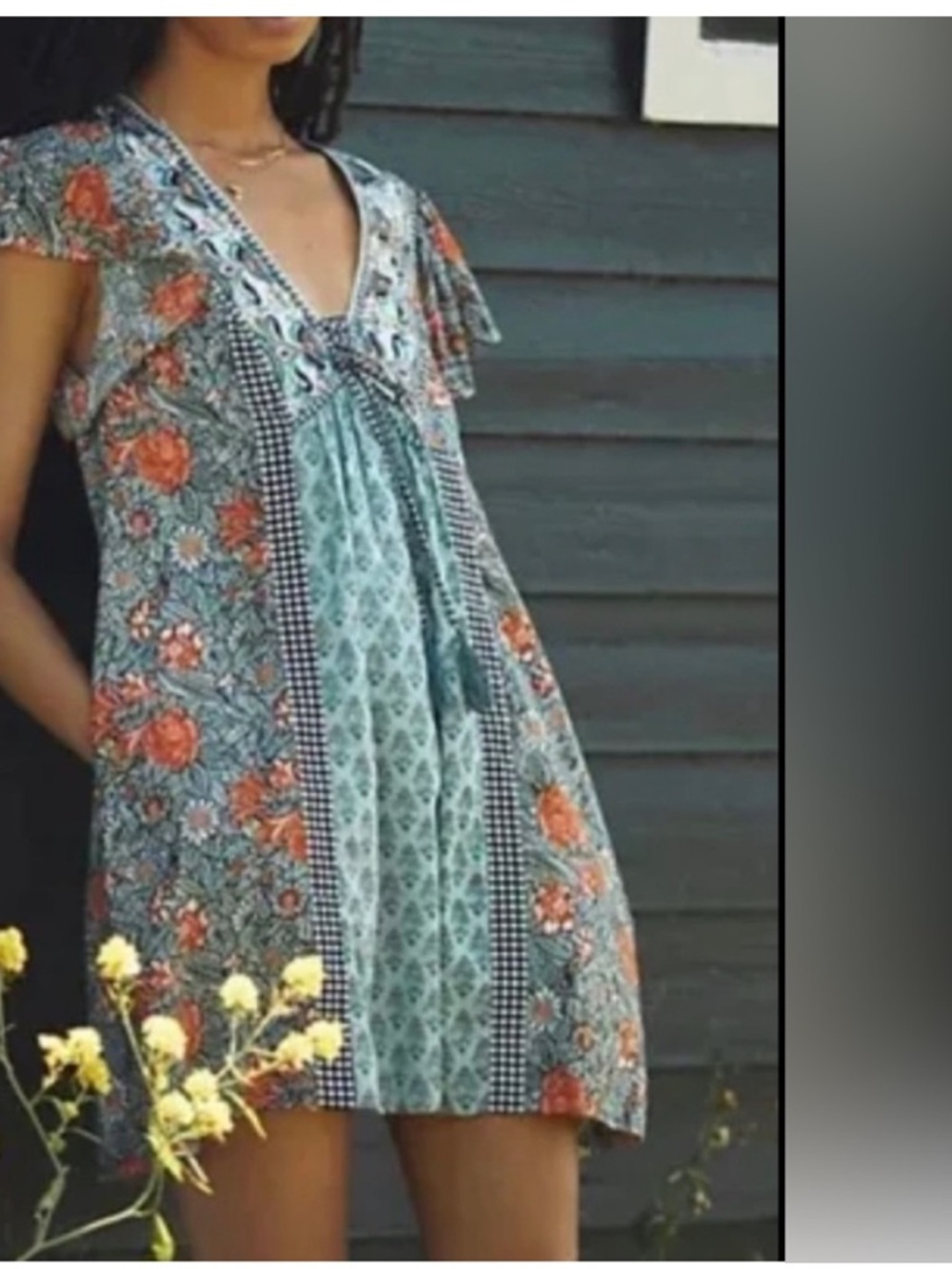 Anthropologie Teal & Coral Floral Patchwork Mini Dress